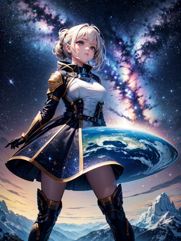 Highest quality,Highest Resolution,universe,Beautiful girl from the future,Earth in the background,Milky Way,