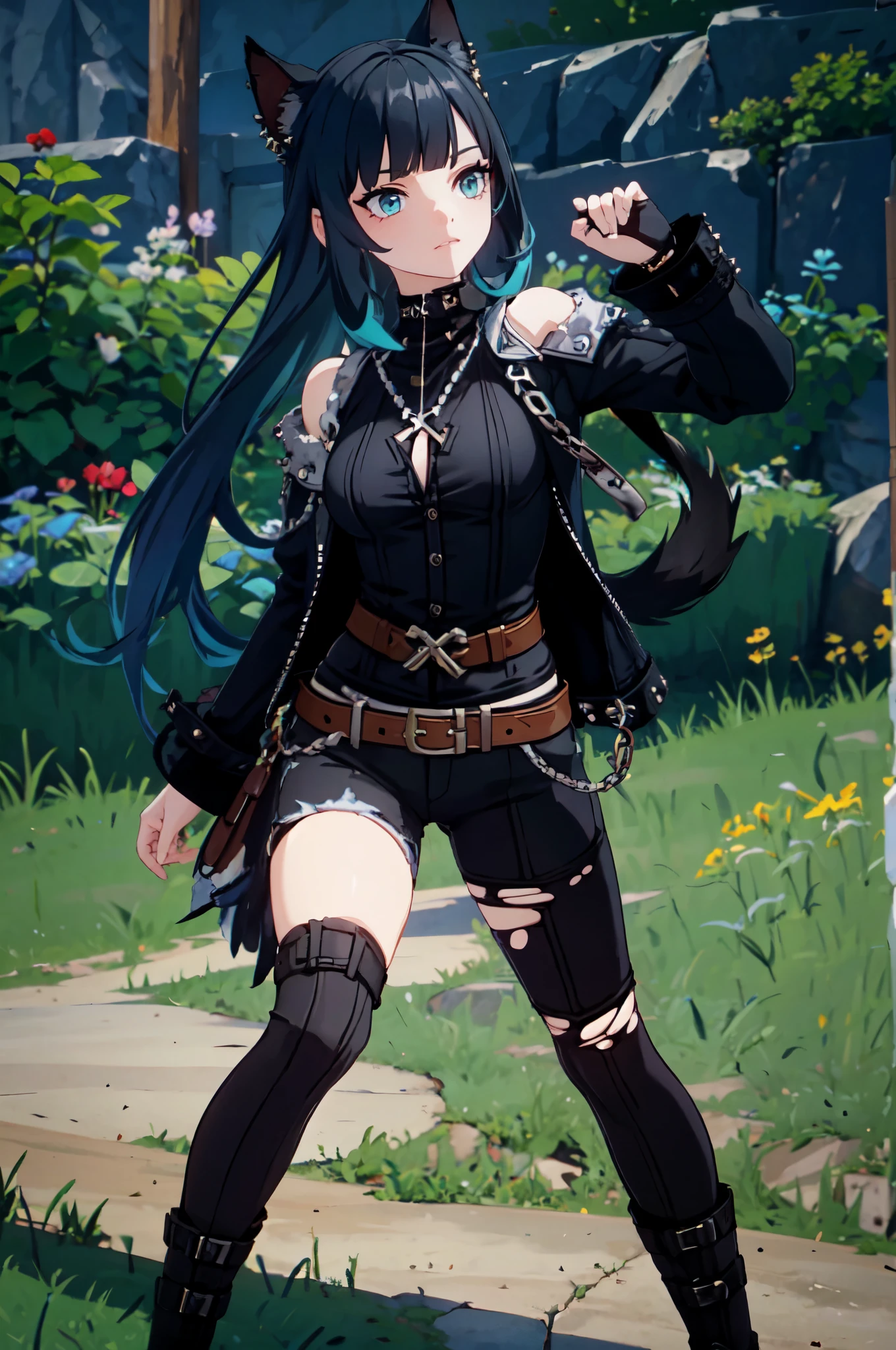 ultra detailed, masterpiece, best quality, solo, 1girl, teal eyes, (tsurime:1.2), blunt bangs, black hair, long hair, straight hair, shoulder-length hair, female focus, coat, shirt, pants, studded belt, multiple belts, combat boots, torn clothes, necklace, black coat, black and blue theme, big collar, puppy ears, dog tail