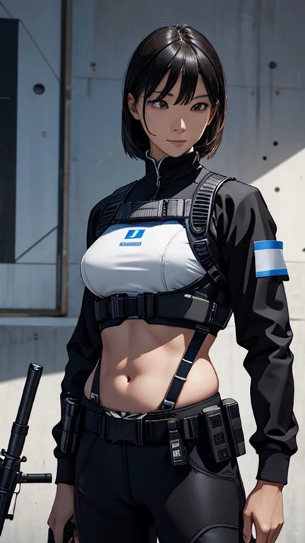 air asia uniform、Masterpiece、A brave smile、Raise one leg、Squirting from、orgasm、Best image quality, 優れた詳thin, Ultra-high resolution, (realism: 1.4), ((close:0.75)), A very condensed woman, 美しく繊thinな顔立ち, Perfect Proportions, Target your audience, ((Target your audience)), (thin:0.3, Mid-chest), (Fabric color base ratio black:0.4 White:0.5. Other colors:0.1), (Wearing a rash guard and preferring a police uniform, Black and grey mech, Wearing a high-tech nylon military suit, Military Harness, Has a machine gun, Carrying a high-tech flame-throwing tank), captain, Background Simple gray wall,
