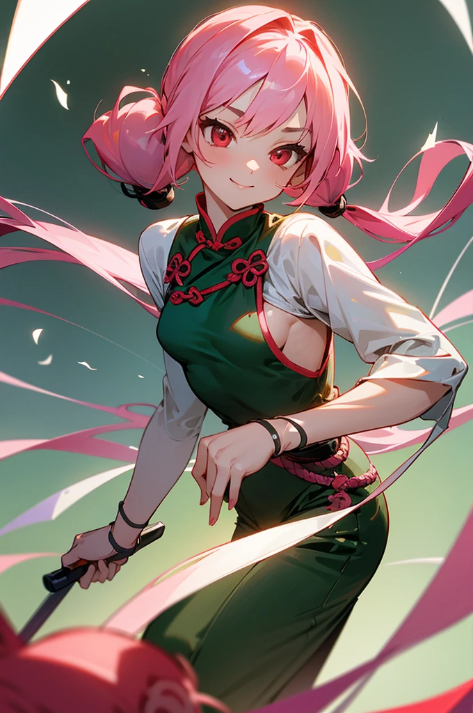 Perfect human body modeling, 1girl, small breasts, beautiful girl, cute girl and idol face, young face, smile, Beautiful long pink hair, twintails, Beautiful shining red eyes, white skin, Short body, Western-style fantasy, RPG, martial artist, dark green Chinese Combat Uniform,