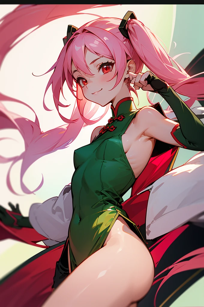 Perfect human body modeling, 1girl, small breasts, beautiful girl, cute girl and idol face, young face, smile, Beautiful long pink hair, twintails, Beautiful shining red eyes, white skin, Short body, Western-style fantasy, RPG, martial artist, dark green Chinese Combat Uniform,
