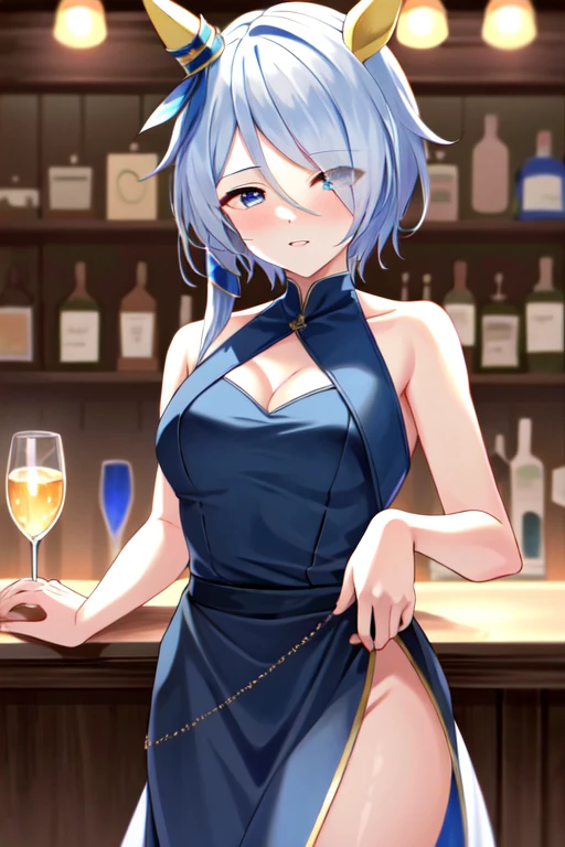 (masterpiece), highly detailed, best quality, (high resolution), 8k, 1girl, solo, k.s.miracle, umamusume, short hair, blue hair, horse ears, horse girl, horse tail, blue eyes, cinematic angle, looking at viewer, blue dress, party dress, indoor, bar, gentle smile, eyes visible through hair, hair over left eye, nsfw