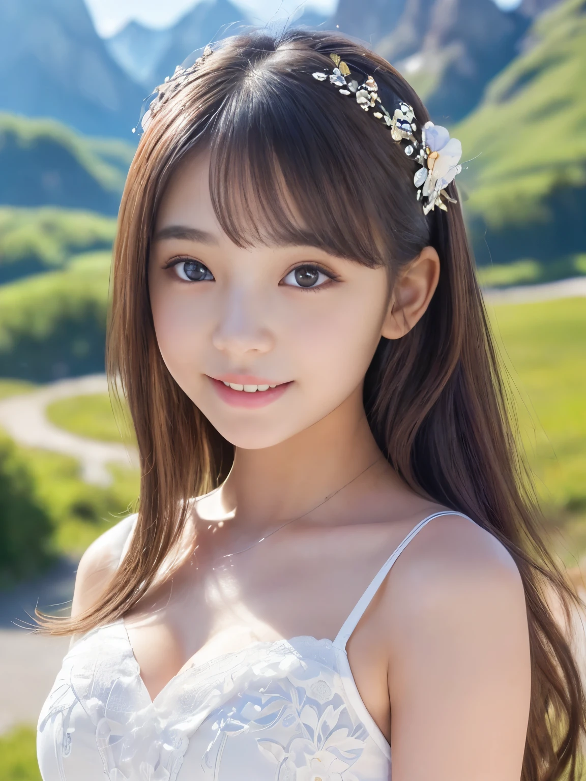 (Best-quality, Masterpiece, Ultra-High-Resolution, (Photorealistic:1.4), Raw Photo, depth of field, professional lighting, perfect anatomy, extremely details), 1girl, -yeld, thost famous Japanese idol, ((extremely cute face like the most popular Japanese idol, ((extremely cute and extremely big round-eyes)), extremely beautiful hair), (((extremely realistic and extremely beautiful skins))), extremely cute long-eyelashes, extremely cute lips), extremely childish body, ((innocent smile, dynamic pose)), (wearing long summer-dress with cute-design), (((at extremely beautiful mountains tops, detailed white-long-summer-dress-with-cute-design, detailed extremely-beautiful-mountain-tops, (detailed mountain))))