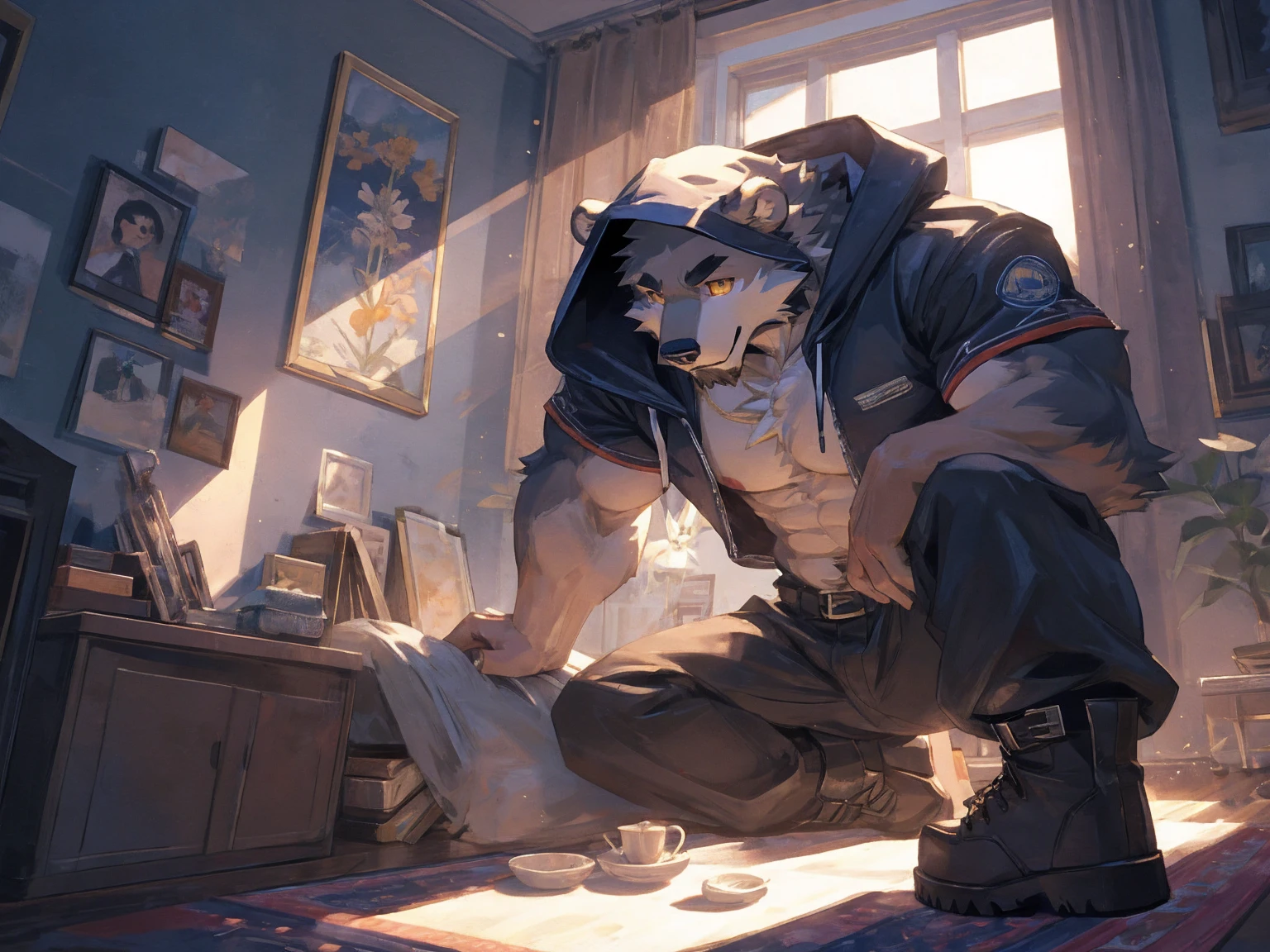 (masterpiece:1.2), best quality,pixiv,official art,perfect anatomy, (Ray tracing, light),solo, (1_male:1.3) , (muscle), (grey fur:1.4), (muscle bear), (beard:1.2), (gleaming golden eyes), bear tail, Thick black eyebrows, (open hooded parka) , (naked inside:1.2), cargo pants, (boots:1.2), (in the highfloor apartment: 1.3), indoor , fur carpet , cushion , (wearing sliver ring on finger: 1.3)