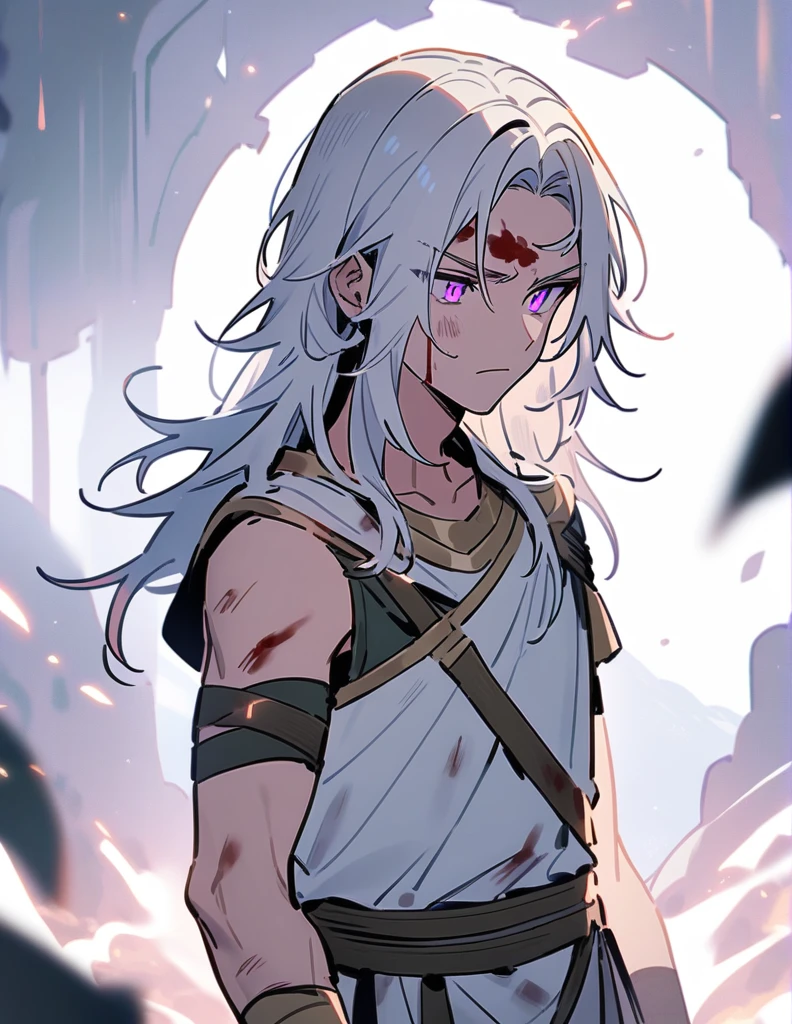 young Greek warrior with long white hair down to his shoulders, violet eyes, with one of his arms bandaged, with his face badly bruised and bleeding from his forehead, and with blood on his clothes, standing with a defiant look