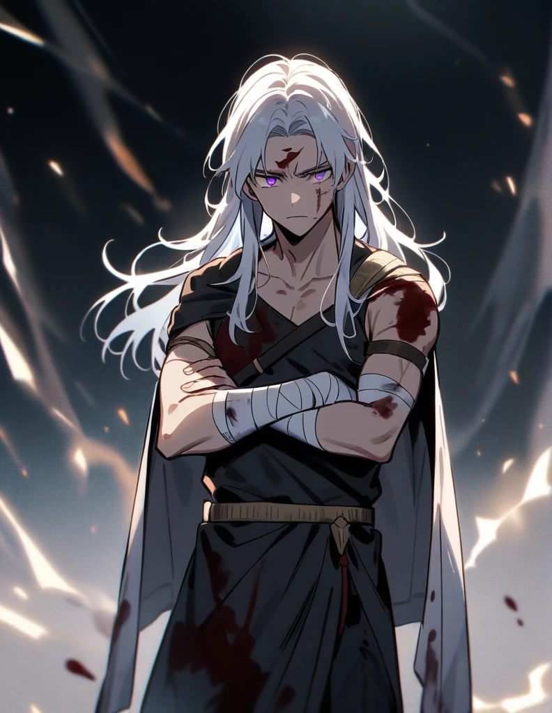 young Greek warrior with very long white hair, violet eyes, with one of his arms bandaged, with his face badly bruised and bleeding from his forehead, and with blood on his clothes, standing with a defiant look