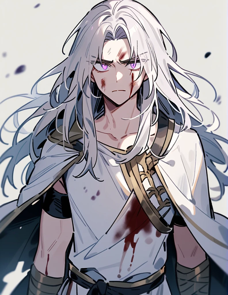 young Greek warrior with long white hair down to his shoulders, violet eyes, with one of his arms bandaged, with his face badly bruised and bleeding from his forehead, and with blood on his clothes, standing with a defiant look