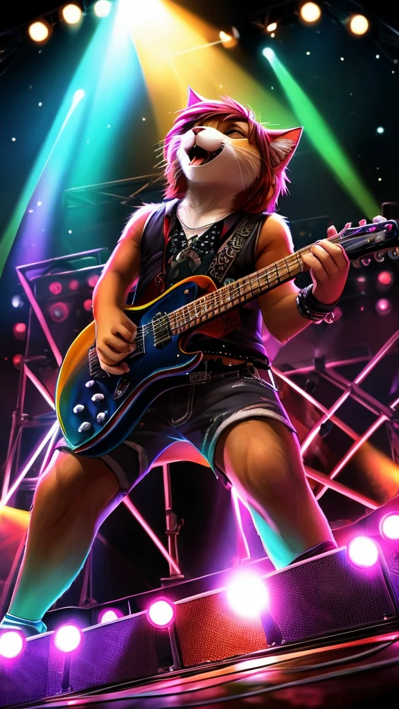 “Create a high-resolution, detailed image of a rock guitarist cat. The cat should have a cute and unique style, holding a guitar pick and playing an electric guitar. The scene is a lively concert with a large, enthusiastic audience in the background. The stage is illuminated with colorful lights, and the cat is in the spotlight, embodying the charisma and energy of a rock star.”