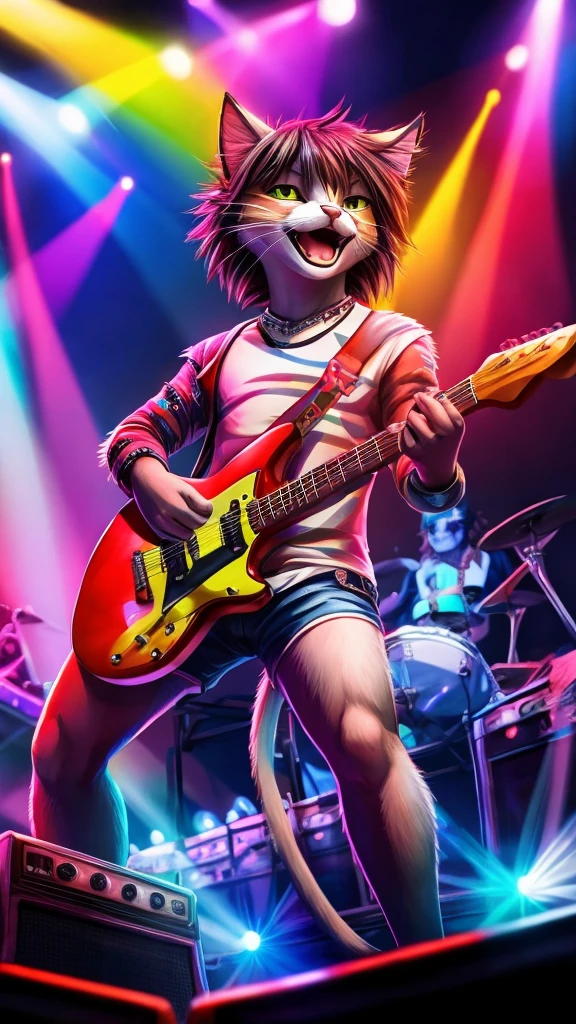 “Create a high-resolution, detailed image of a rock guitarist cat. The cat should have a cute and unique style, holding a guitar pick and playing an electric guitar. The scene is a lively concert with a large, enthusiastic audience in the background. The stage is illuminated with colorful lights, and the cat is in the spotlight, embodying the charisma and energy of a rock star.”