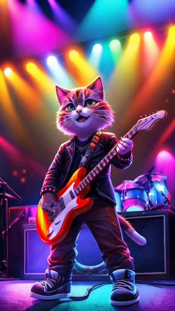 “Create a high-resolution, detailed image of a rock guitarist cat. The cat should have a cute and unique style, holding a guitar pick and playing an electric guitar. The scene is a lively concert with a large, enthusiastic audience in the background. The stage is illuminated with colorful lights, and the cat is in the spotlight, embodying the charisma and energy of a rock star.”