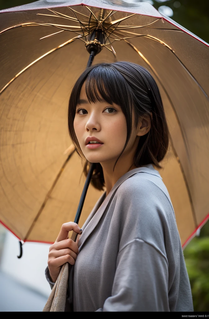 a young Japanese lady in kimonos posing for an elegant umbrella, in the style of liam sharp, 32k uhd, webcam, iPhone RAW quality photography, brightened colors, nature in theme, eve ventrue, smooth and curved lines, mid body shot, intensity but pleasent in facial expression. Avant-garde, lines and structure in background.