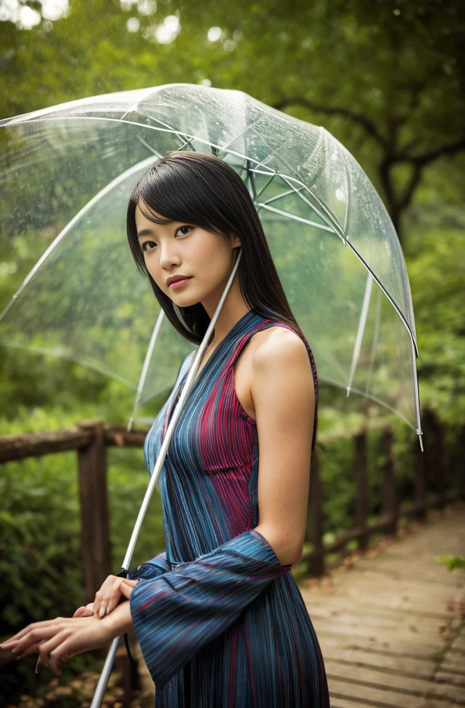 a young Japanese lady in kimonos posing for an elegant umbrella, in the style of liam sharp, 32k uhd, webcam, iPhone RAW quality photography, brightened colors, nature in theme, eve ventrue, smooth and curved lines, mid body shot, intensity but pleasent in facial expression. Avant-garde, lines and structure in background.