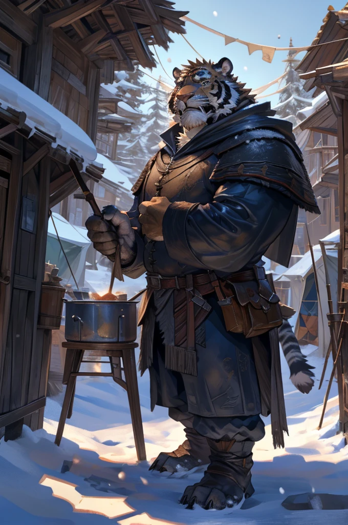 By Taran Fiddler, One man, furry, anthropomorphic snow tiger, mature male, older male, muscular, handsome face, white and black fur, stern face, medieval clothing, wearing light brown cloak, wearing satchel, standing up, arms crossed, cooking pot nearby, snow background, tent settlement background, silhouettes in background