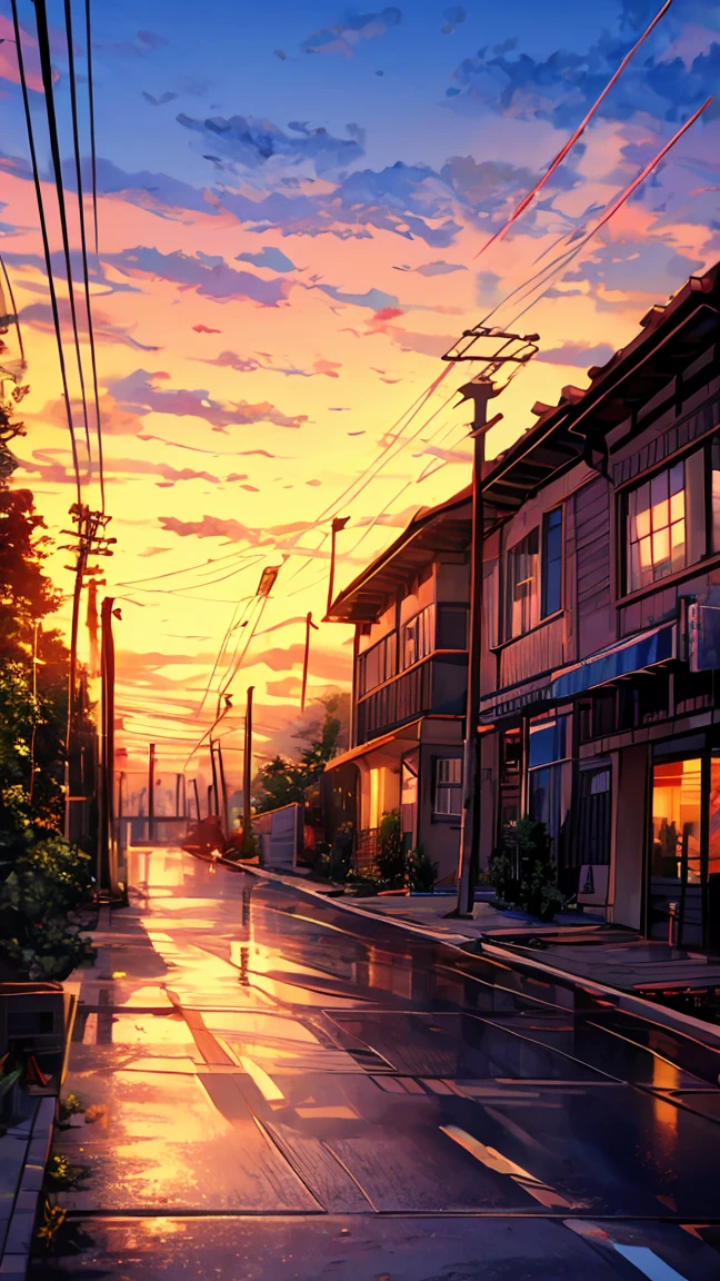 masterpiece, Concept Art, Painting of (Electric pole:1.5) On the street at dusk, Painting, Sylvain Sarail, anime高果糖, telephone wires, GTA Art, Warm sunset, beautiful iwakura, Toon Aesthetics, colorful house, Connection line, animeのスクリーンショット, art ", Muffled colors, only, 2077, " anime, bright: