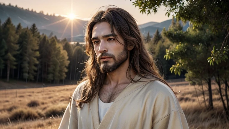 Create a high-definition image of Jesus. Depict Him with gentle, compassionate eyes, medium-length wavy hair, and a well-groomed beard. He is wearing traditional, simple robes in shades of white and beige. His expression should convey kindness and serenity. Place Jesus in a serene outdoor setting with a warm, golden light that suggests either sunrise or sunset. Add a soft, glowing aura around His head to signify holiness. The background should include natural elements like trees, a clear sky, and gentle hills, emphasizing peace and tranquility.