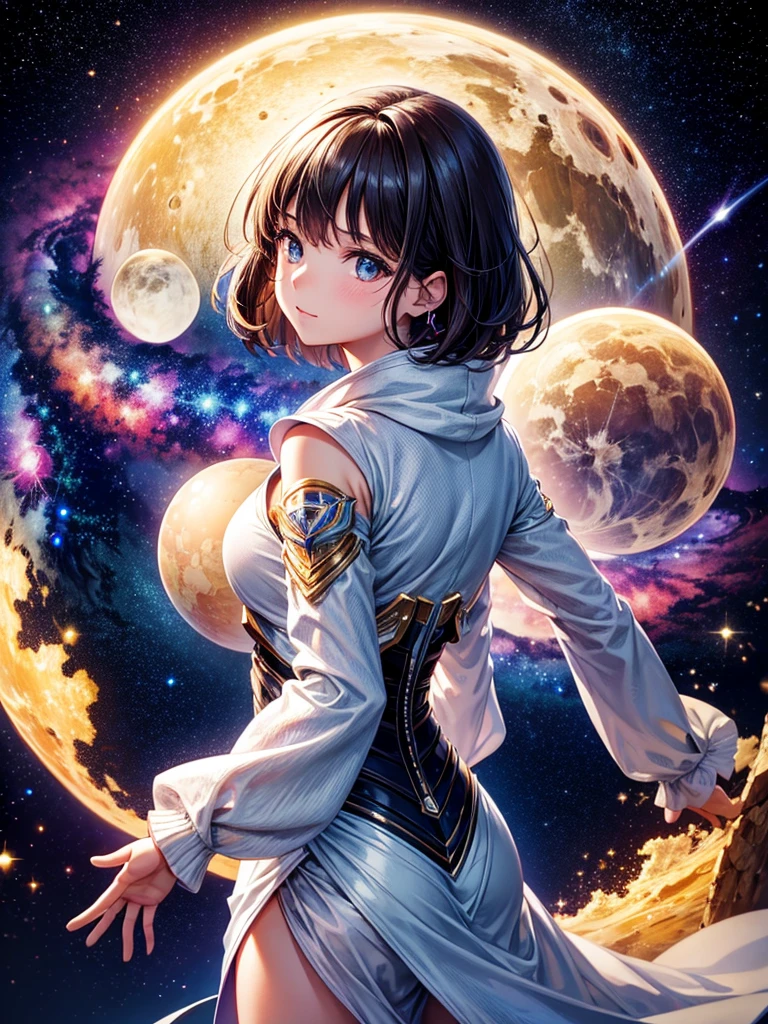 Highest quality,Highest Resolution,universe,Beautiful girl from the future,Earth in the background,Milky Way,