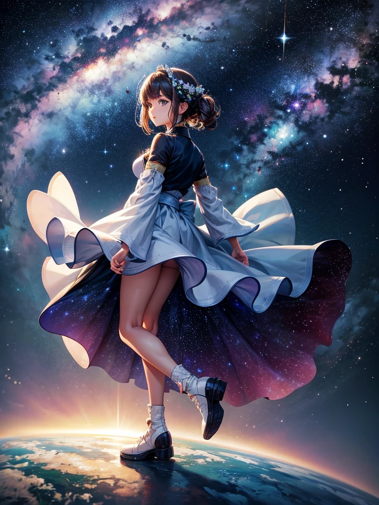 Highest quality,Highest Resolution,universe,Beautiful girl from the future,Earth in the background,Milky Way,