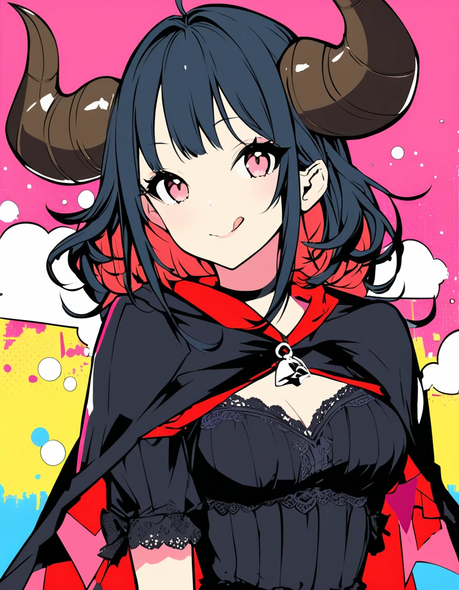 extremely detailed 8K CG, ultra-detailed:1.3, ultra delicate and detailed face:1.3, (absurdres, texture, masterpiece), side view, extreme pop art, no outline, pixiv contest winner, by Posuka Demizu, dynamic manga-style illustration of a girl wearing devil costume with large horn is taking selphie, sticking tongue out cutely, the background is simple and minimalistic,