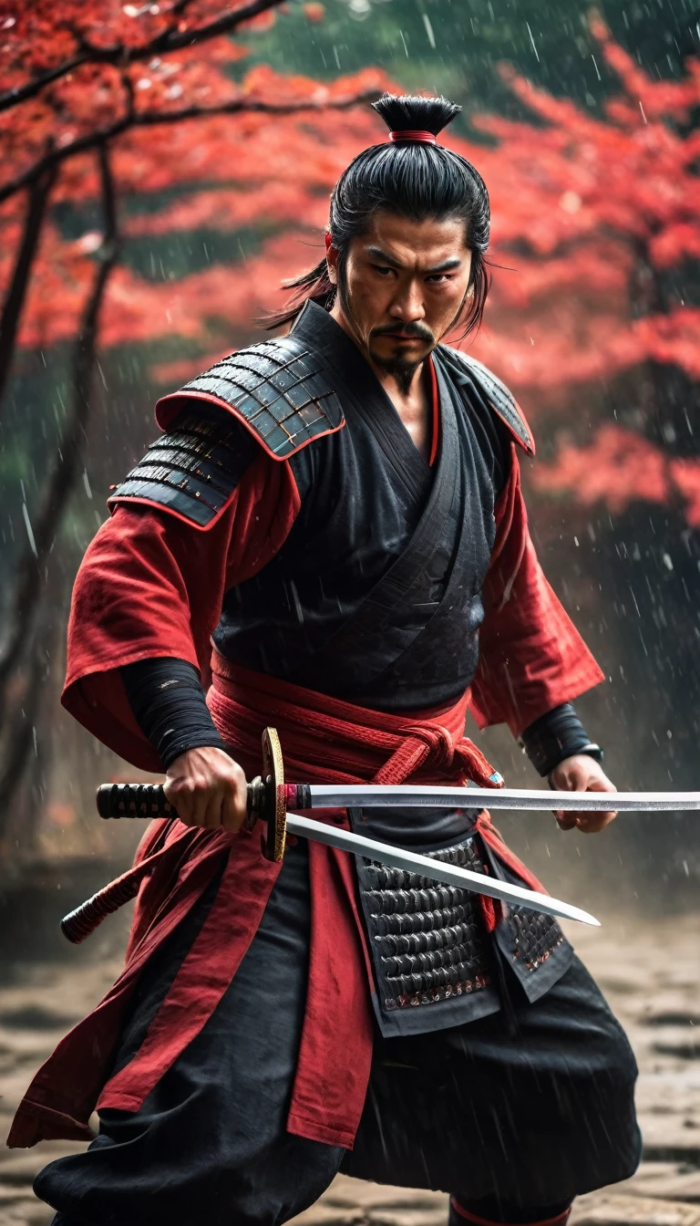 best quality，Ultra-fine，warrior samurai ，One hand holding a katana，Face mask，fighting，Dodge，avoid，lifelike，photorealism：1.37），bright colors，clear focus，Defocused，（fantasy：1.2），（mystical landscapes），（dynamic poses：1.37），（intense gaze），（Extraordinary power），（the power of myth），black and red，rainy day，Wounds on the body，splash
