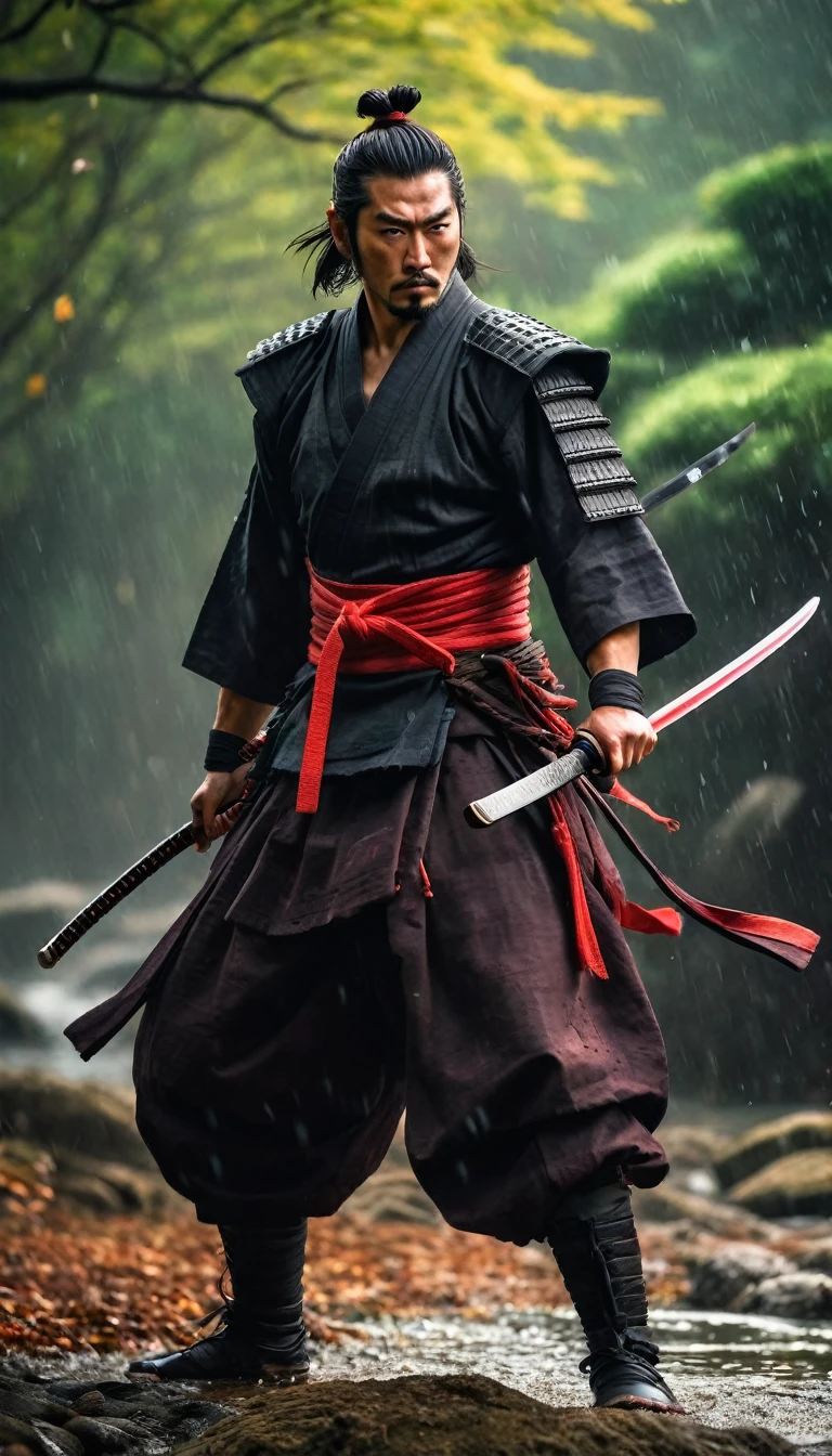 best quality,Ultra-fine,warrior samurai ,One hand holding a katana,Face mask,fighting,Dodge,avoid,lifelike,photorealism:1.37),bright colors,clear focus,Defocused,(fantasy:1.2),(mystical landscapes),(dynamic poses:1.37),(intense gaze),(Extraordinary power),(the power of myth),black and red,rainy day,Wounds on the body,splash