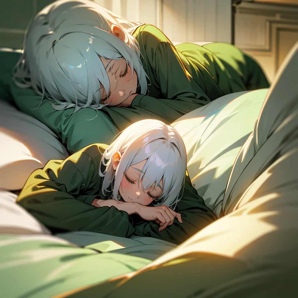 Bedroom at night,bed,Fair skin,green pajamas,White Hair,Dozing off,indirect lighting,
