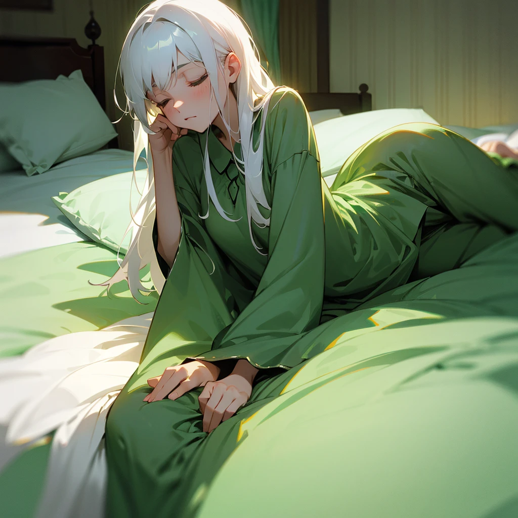 Bedroom at night,bed,Fair skin,green pajamas,White Hair,Dozing off,indirect lighting,