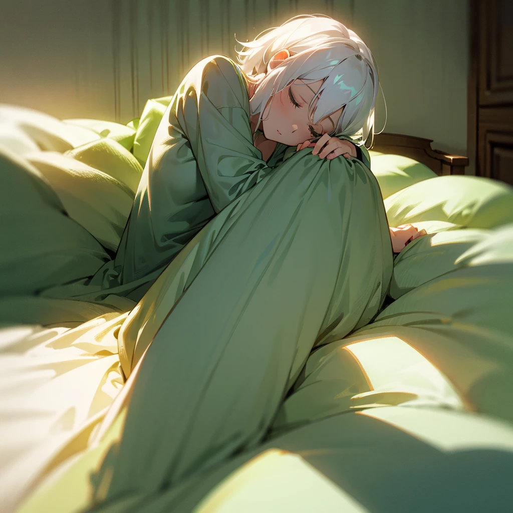 Bedroom at night,bed,Fair skin,green pajamas,White Hair,Dozing off,indirect lighting,