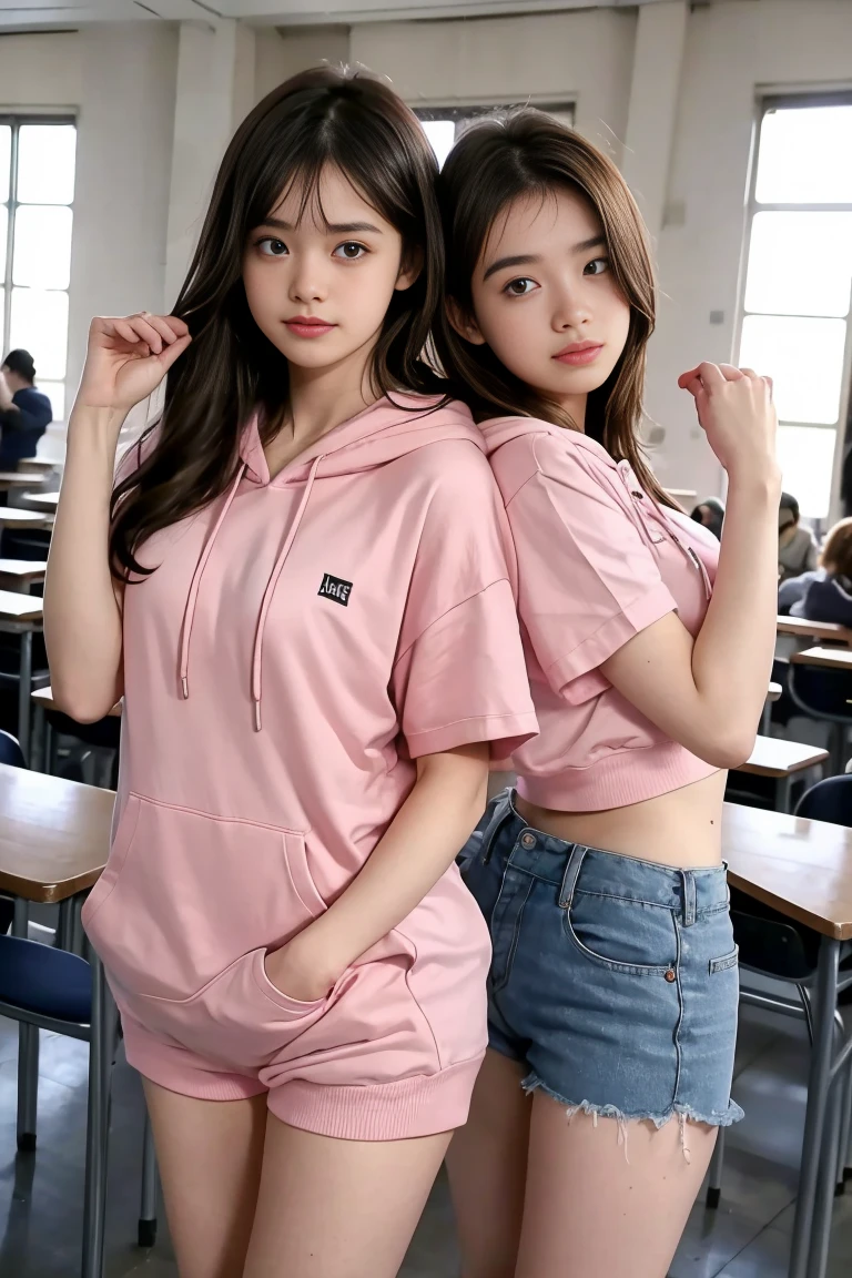 deux femmes ensemble de 18 ans sexy et mince , pink short sleeve hoodie , salle de classe, se touche,position sey,sensuel,hands up,