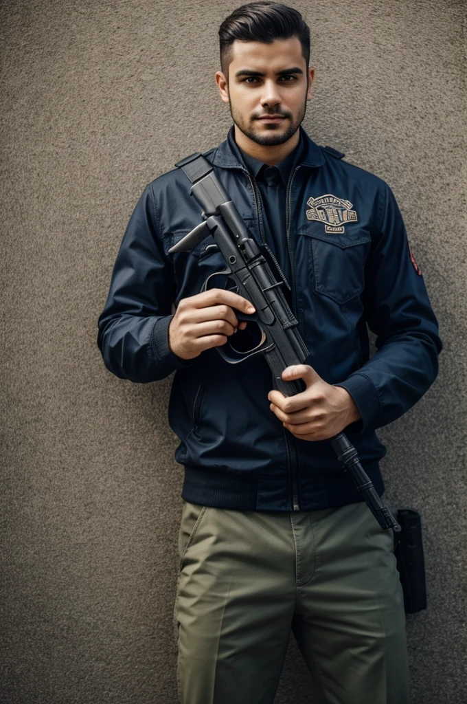 Man posing while with his hand facing the camera makes a gun sign while standing