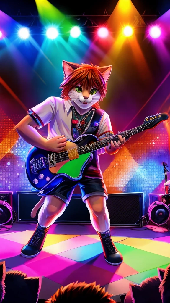 “Create a high-resolution, detailed image of a rock guitarist cat. The cat should have a cute and unique style, holding a guitar pick and playing an electric guitar. The scene is a lively concert with a large, enthusiastic audience in the background. The stage is illuminated with colorful lights, and the cat is in the spotlight, embodying the charisma and energy of a rock star.”
