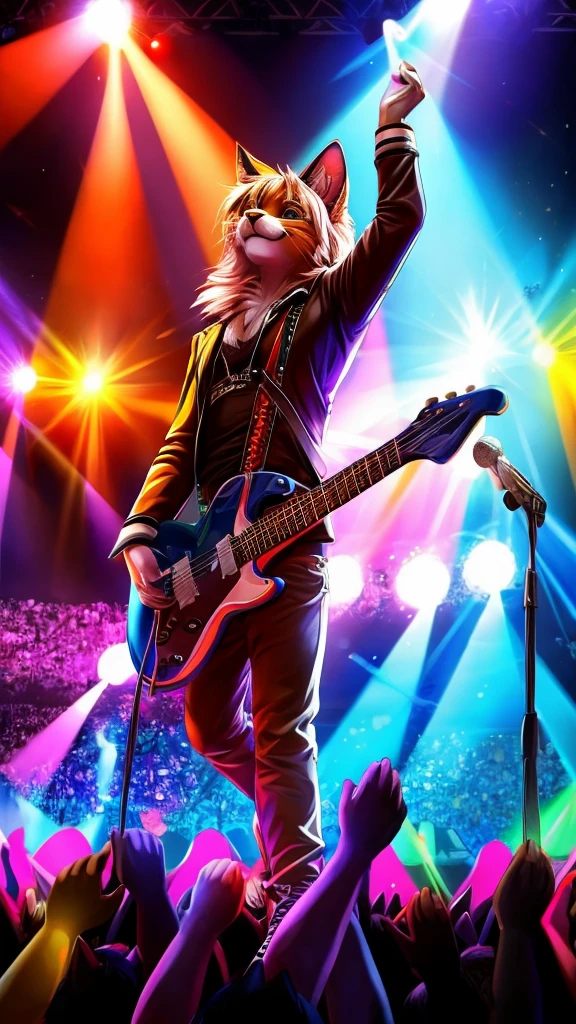 “Create a high-resolution, detailed image of a rock guitarist cat. The cat should have a cute and unique style, holding a guitar pick and playing an electric guitar. The scene is a lively concert with a large, enthusiastic audience in the background. The stage is illuminated with colorful lights, and the cat is in the spotlight, embodying the charisma and energy of a rock star.”