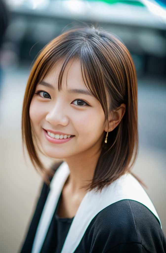 beautiful young asian the street, smiling, in the style of tokina at-x 11-16mm f/2.8 pro dx ii, uhd image, salon kei, aurorapunk, shiny eyes, matte photo, zeiss batis 18mm f/2.8