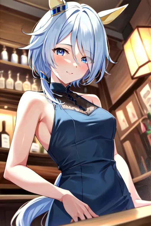 (masterpiece), highly detailed, best quality, (high resolution), 8k, 1girl, solo, k.s.miracle, umamusume, short hair, blue hair, horse ears, horse girl, horse tail, blue eyes, cinematic angle, looking at viewer, blue dress, party dress, indoor, bar, gentle smile, eyes visible through hair, hair over left eye, nude, nsfw