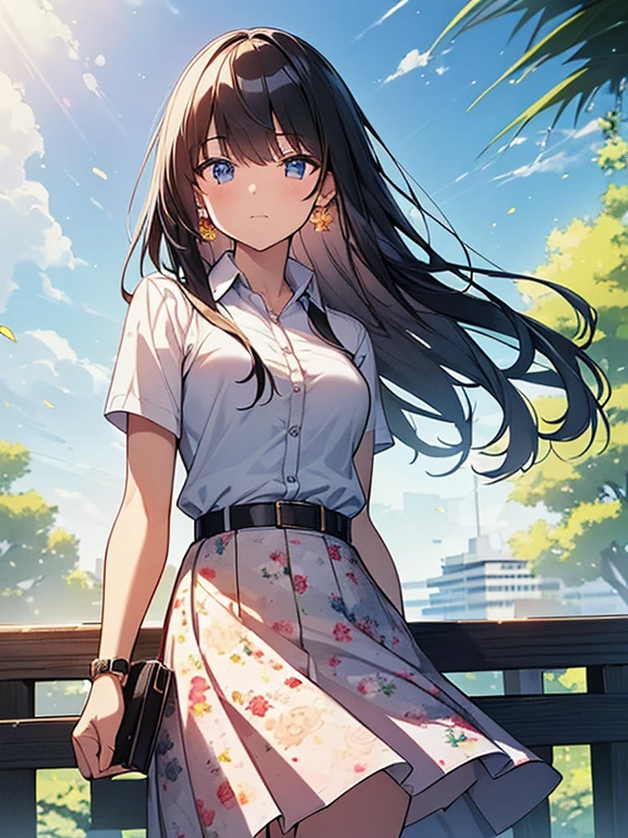 ((Highest quality)), ((masterpiece)), (detailed), Perfect Face, Perfect Arms, anime, Ultra-fine illustration, ((1 person)), 20-year-old female college student, Long Black Hair, ((Shirt with white collar)), Tucked in shirt, (Floral flared skirt:1.3), Earrings, watch, (Standing in the shade on a university campus:1.3), summer, noon, blue sky, Cowboy Shot,
