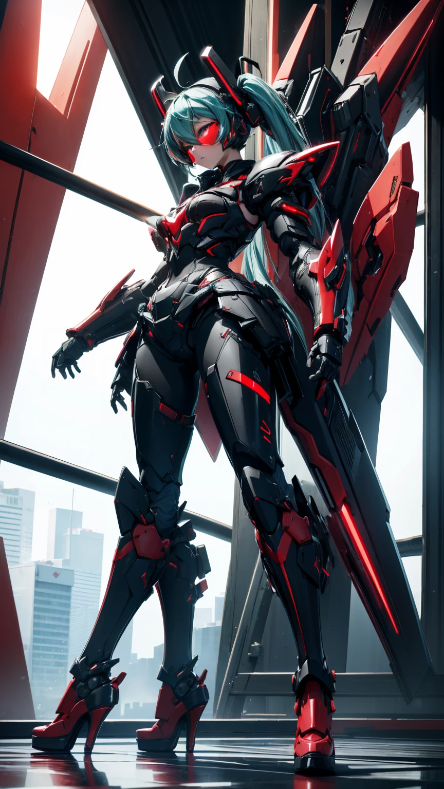 Hatsune Miku VOCALOID, ((Red and black body armor)), Big Breasts, High heels, Heavy equipment,