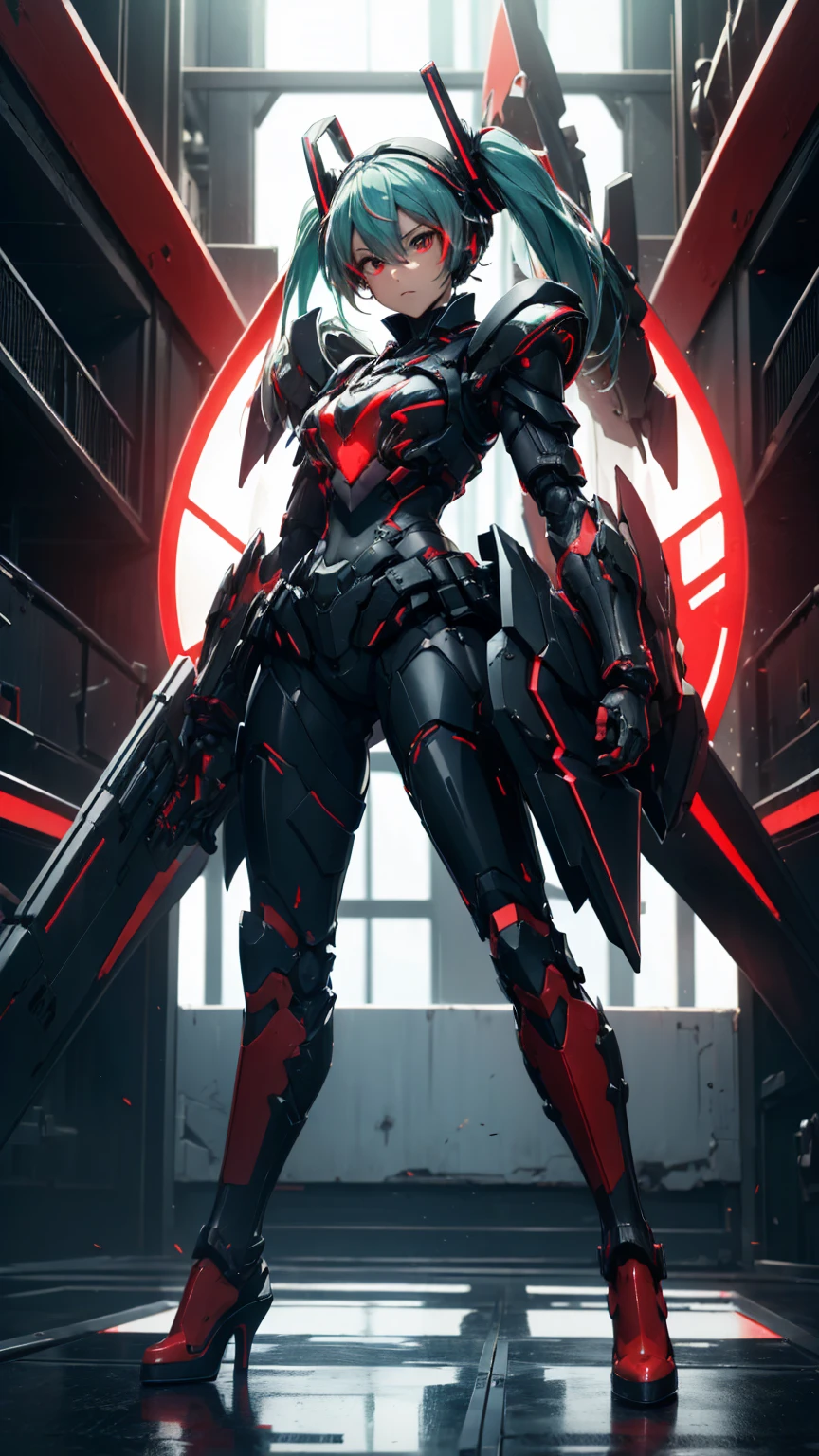 Hatsune Miku VOCALOID, ((Red and black body armor)), Big Breasts, High heels, Heavy equipment,