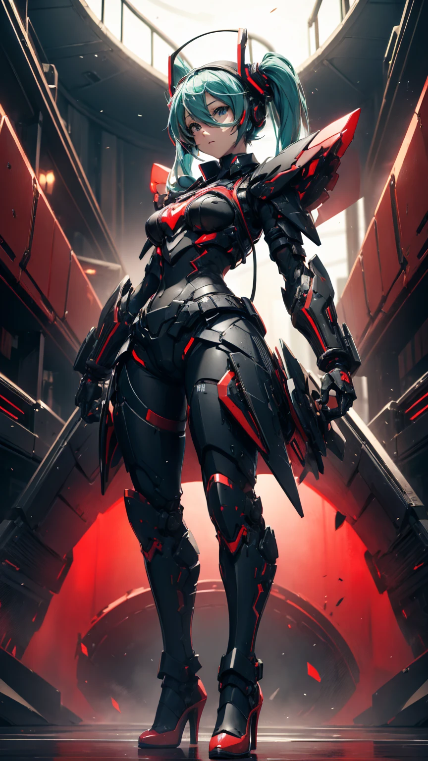 Hatsune Miku VOCALOID, ((Red and black body armor)), Big Breasts, High heels, Heavy equipment,