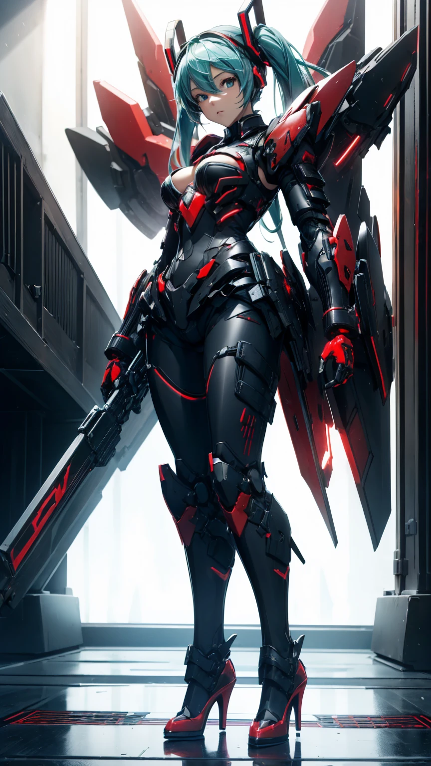 Hatsune Miku VOCALOID, ((Red and black body armor)), Big Breasts, High heels, Heavy equipment,