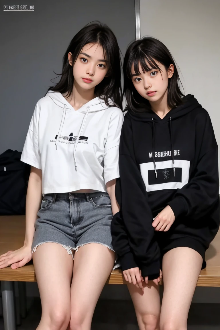 deux femmes ensemble de 18 ans sexy et mince , black short sleeve hoodie , salle de classe, se touche,position sey,sensuel