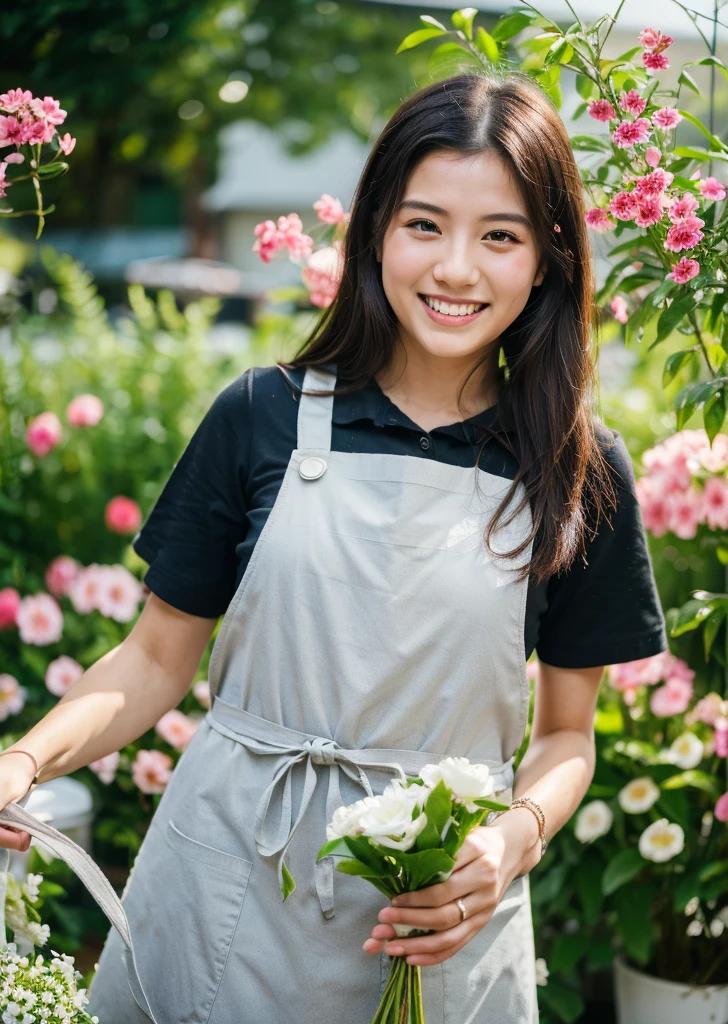 (Realistic, photo-Realistic:1.37),(8K, RAW Photos, Highest quality, masterpiece:1.2), cute, Ultra-detailed, 超High resolution, Kodak Vision Color, Filmed with an Arricam LT camera,Highest quality, Lively, 8K, High resolution, 1 girl, Escape, (Professional Lighting), (Portraiture:0.6), Black Hair, (Medium Hair),22 years old、おFloristさん、Wear an apron、Make a bouquet、Florist、Surrounded by lots of flowers、smile、