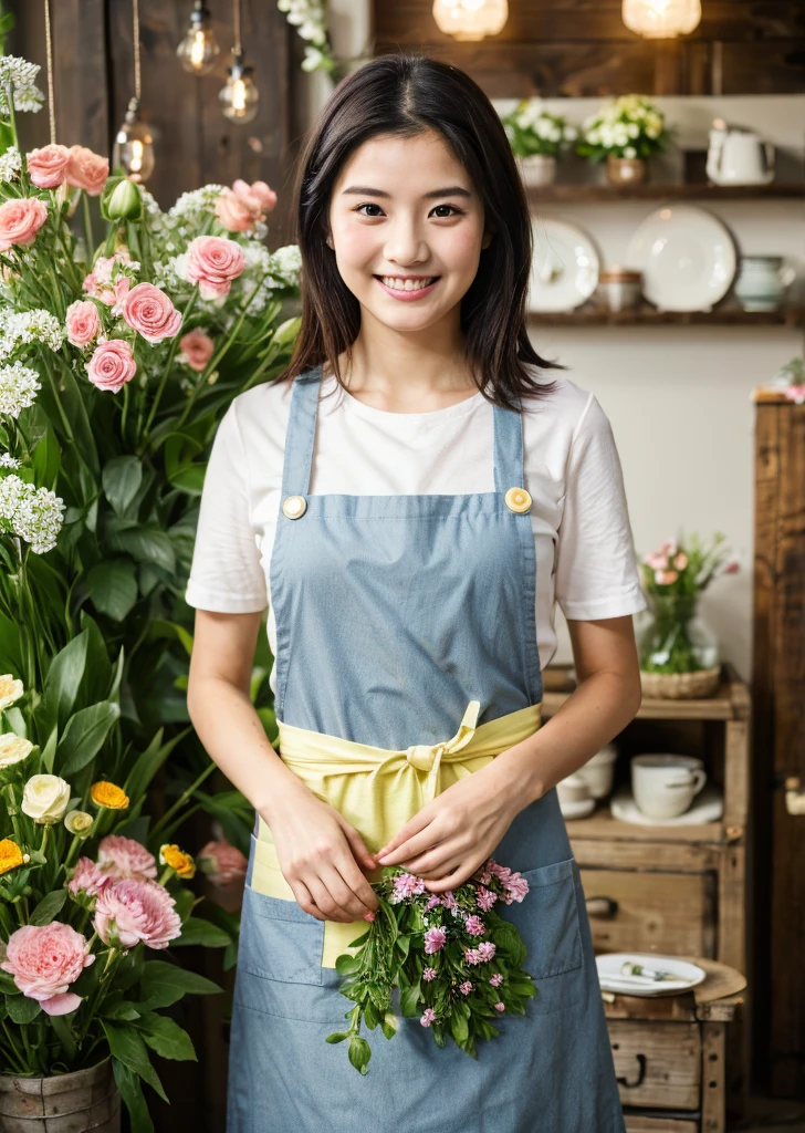 (Realistic, photo-Realistic:1.37),(8K, RAW Photos, Highest quality, masterpiece:1.2), cute, Ultra-detailed, 超High resolution, Kodak Vision Color, Filmed with an Arricam LT camera,Highest quality, Lively, 8K, High resolution, 1 girl, Escape, (Professional Lighting), (Portraiture:0.6), Black Hair, (Medium Hair),22 years old、おFloristさん、Wear an apron、Make a bouquet、Florist、Surrounded by lots of flowers、smile、