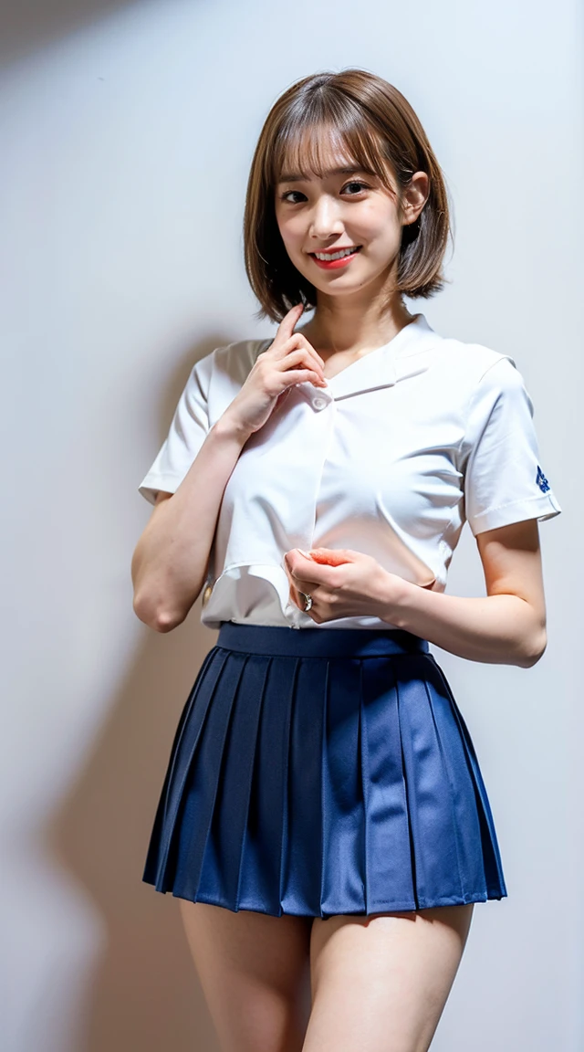 (Viewer discretion advised、Japanese、High Cut 、Impossibly short skirt、Very very cute face、(LewdYShirt with dark blue micro mini pleated skirt、White underwear、White panties temptation pose、Lie、Legs wide open、((My skirt is flipped up and I can see my pants:1.2,)),Mecozi, ((Highest quality,8K,masterpiece:1.3,)),Sharp focus:1.2,Cute woman with perfect body shape:1.4,The best smile,Young Face、You can see the double teeth、Light brown medium bob hair、Slender,Abdominal muscles:1.2,Camel Toe,Open both legs to show panties