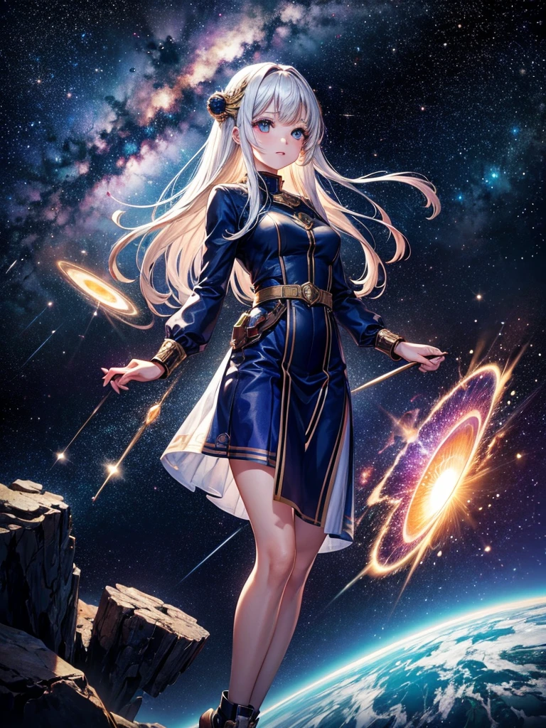 Highest quality,Highest Resolution,universe,Beautiful girl from the future,Earth in the background,Milky Way,
