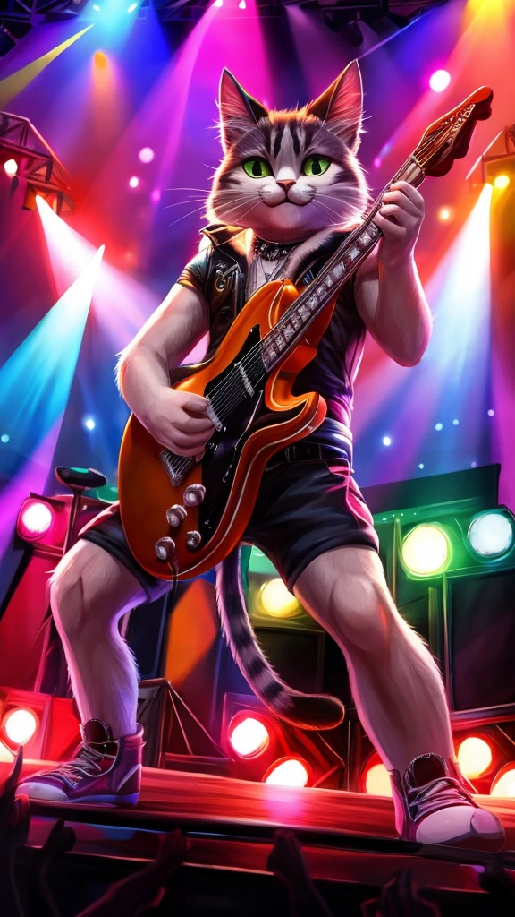 “Create a high-resolution, detailed image of a rock guitarist cat. The cat should have a cute and unique style, holding a guitar pick and playing an electric guitar. The scene is a lively concert with a large, enthusiastic audience in the background. The stage is illuminated with colorful lights, and the cat is in the spotlight, embodying the charisma and energy of a rock star.”