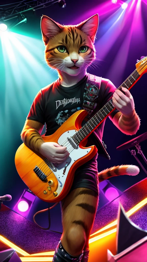 “Create a high-resolution, detailed image of a rock guitarist cat. The cat should have a cute and unique style, holding a guitar pick and playing an electric guitar. The scene is a lively concert with a large, enthusiastic audience in the background. The stage is illuminated with colorful lights, and the cat is in the spotlight, embodying the charisma and energy of a rock star.”