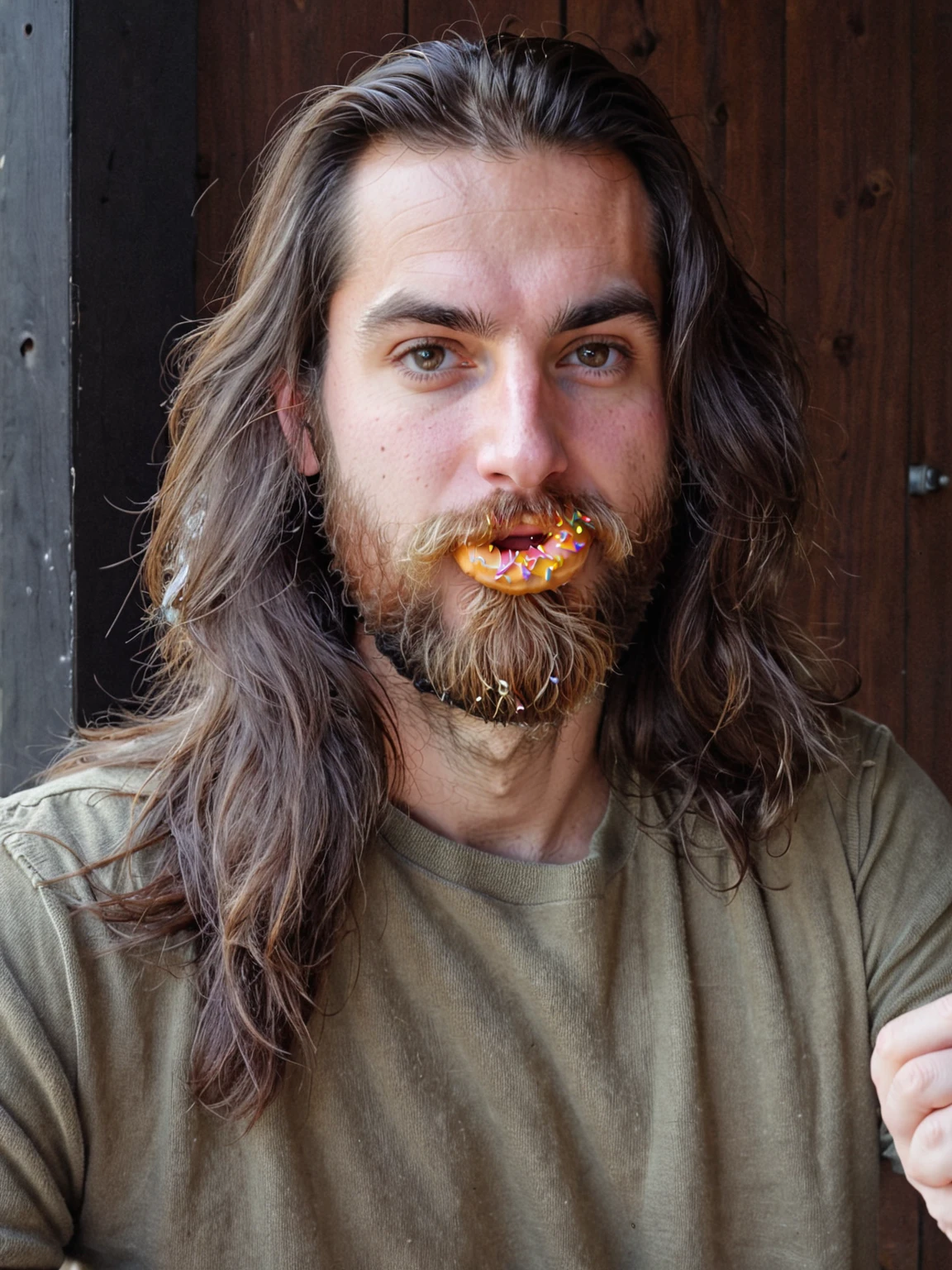 there is a man aux cheveux longs and a beard holding a donut, banderole Twitch / Ludwig joueur, aux cheveux longs, ses cheveux sont en désordre et négligés, sans barbe, photo de profil, photo de profil 1024px, young aux cheveux longs, 28 ans, 32 ans, une photo d'un homme échevelé