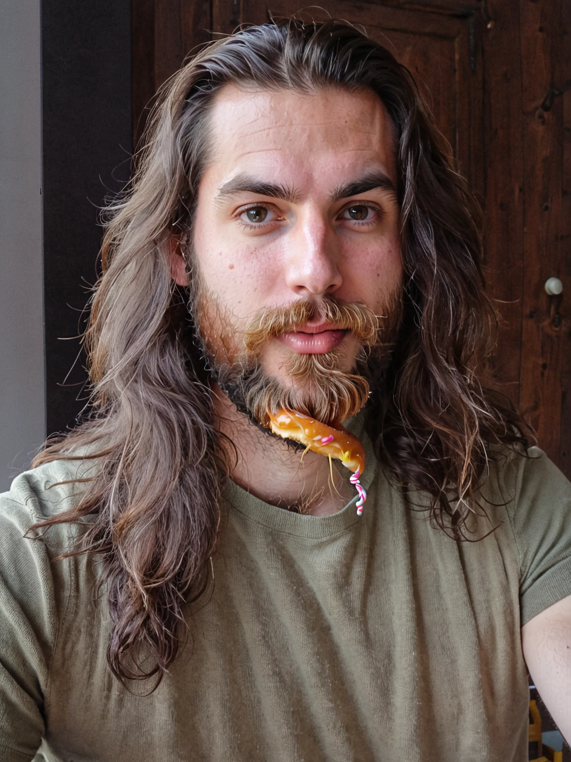 there is a man aux cheveux longs and a beard holding a donut, banderole Twitch / Ludwig joueur, aux cheveux longs, ses cheveux sont en désordre et négligés, sans barbe, photo de profil, photo de profil 1024px, young aux cheveux longs, 28 ans, 32 ans, une photo d'un homme échevelé