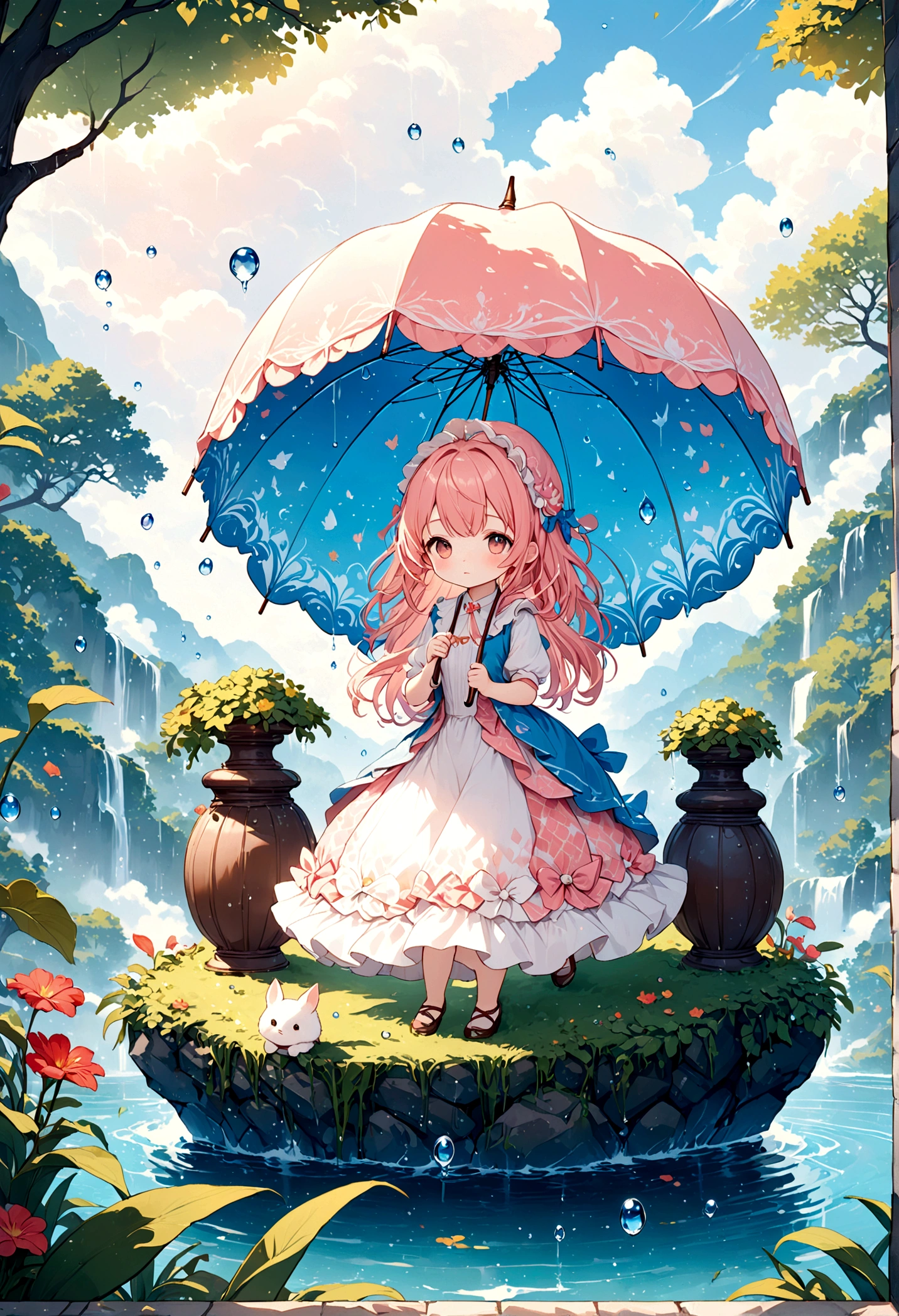 cuteイラスト: landscape,Street corner on a rainy day,絵本に出てくるようなlandscape,Emotional,Girl is walking,break,(Girl with an umbrella),umbrella,Anatomically correct,break,Create an artistic background,Add a drop pattern to the background,The street is colorful, Fairytale-like,This is a cute illustration like a dream.,Blur the lines of the water droplets for an artistic look.,Intricate details,Wide range of colors,artwork,rendering,(masterpiece:1.3),(Highest quality:1.4),(Very detailedな:1.5),High resolution,Very detailed,unity 8k wallpaper,Structurally correct,cute,Fantasy