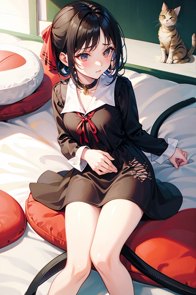 エロいcat&#39;sコスプレ、cat cosplay、Small breasts、、On all fours、Cute underwear、Embarrassed、Black Hair、Red ribbon、Small breasts、Red eyes、White bra、White panties、Lie down on the bed、Blushing、cat&#39;s
