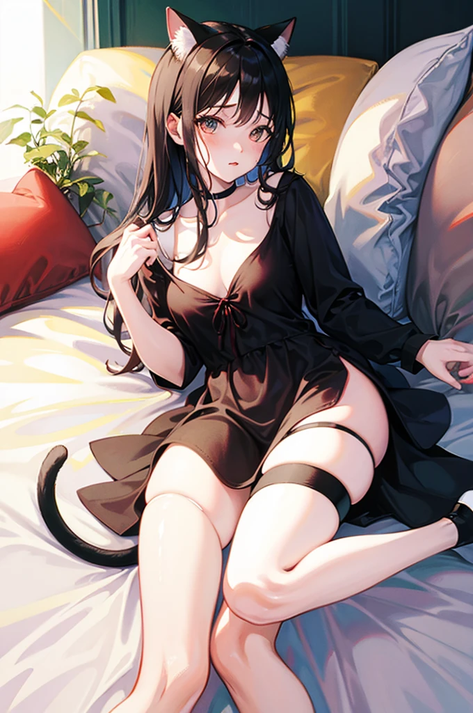 エロいcat'sコスプレ、cat cosplay、Small breasts、、On all fours、Cute underwear、Embarrassed、Black Hair、Red ribbon、Small breasts、Red eyes、White bra、White panties、Lie down on the bed、Blushing、cat's